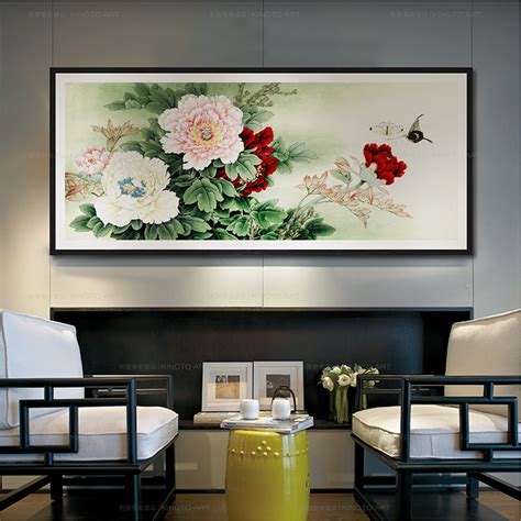 新中式装饰画牡丹油画工笔写意挂画客厅沙发背景大幅壁画卧室床头-艺术喷绘-2021美间（软装设计采购助手）