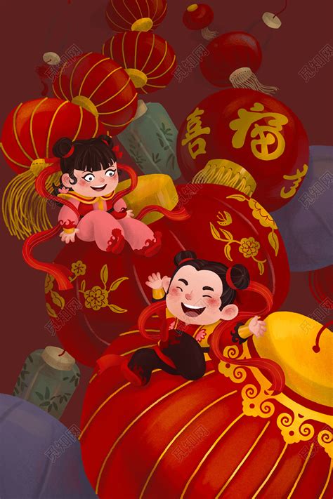 喜庆中国风春节新年节日新年福娃海报背景插画素材免费下载 - 觅知网