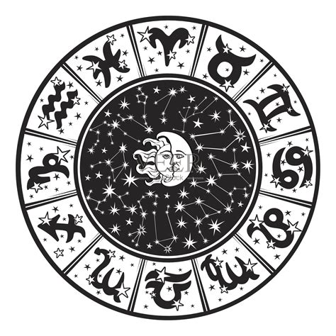 星座圆。黄道十二宫,月亮,太阳。白色,黑色插画图片素材_ID:162661429-Veer图库