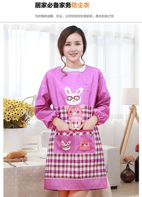 韩版一体式围裙长袖防水厨房成人罩衣反穿衣罩可爱卡通带袖眼镜兔-阿里巴巴