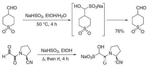 醛可以跟亚硫酸氢钠饱和溶液发生加成反应，生成物是水溶性的α羟基磺酸