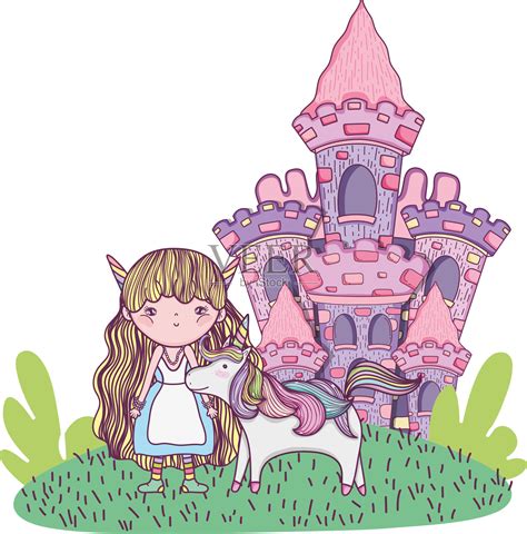 有城堡和独角兽的可爱小仙女插画图片素材_ID:367429322-Veer图库