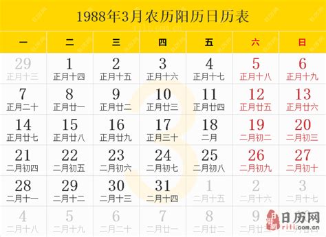 1988年日历表,1988年农历表（阴历阳历节日对照表） - 日历网