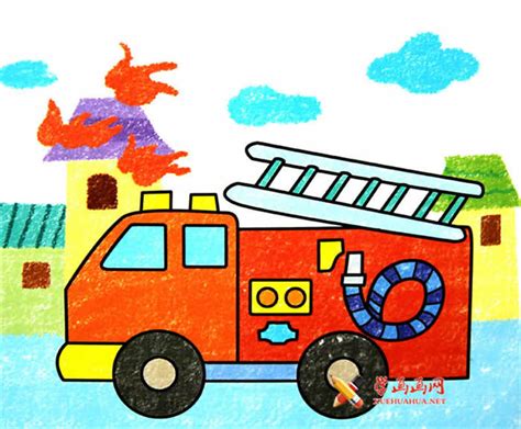 儿童画作品消防车油棒画-露西学画画