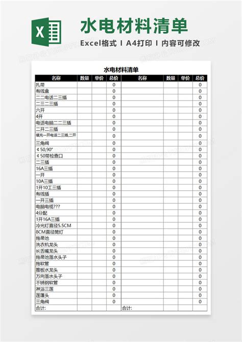水电材料清单表execlExcel模板下载_熊猫办公