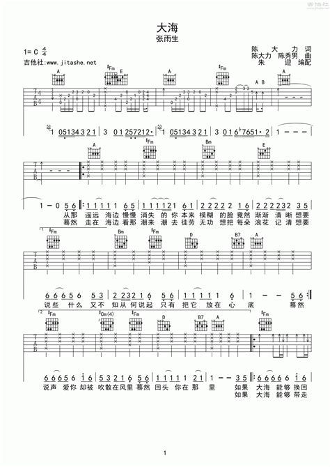 张雨生 - 大海 [弹唱] 吉他谱