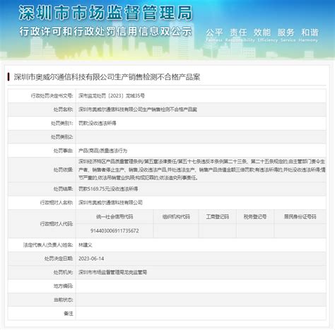 生产销售检测不合格产品 深圳市奥威尔通信科技有限公司被罚-中国质量新闻网