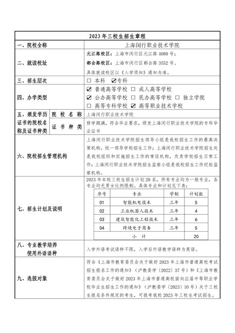 【2023年招生简章】上海闵行职业技术学院三校生高考招生简章 - 三校升APP