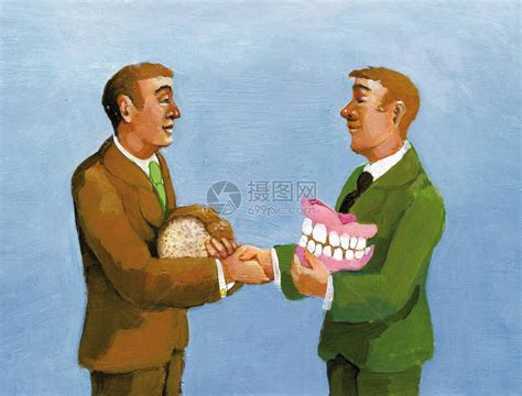一个拿着面包的男人和一个戴假牙的男人握手比喻有能力的人和有可能的人之间相遇的可能超现实的插画图片下载-正版图片402382509-摄图网