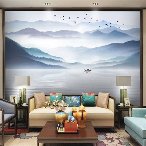 新中式山水墙纸电视背景墙定制壁画无缝客厅沙发卧室壁纸3d墙布-阿里巴巴