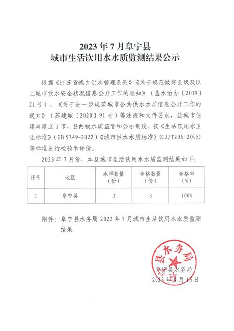 阜宁县人民政府 通知公告 2023年7月阜宁县城市生活饮用水水质监测结果公示