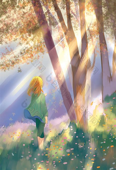 森林少女阳光意境插画图片-包图网