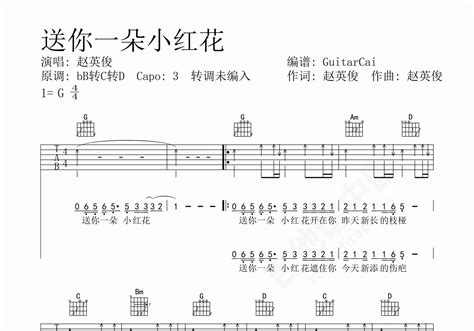 送你一朵小红花吉他谱 赵英俊 B♭调弹唱谱-吉他谱中国