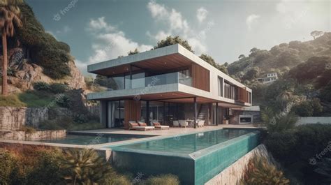 Premium Photo | A house with a pool in the mountains
