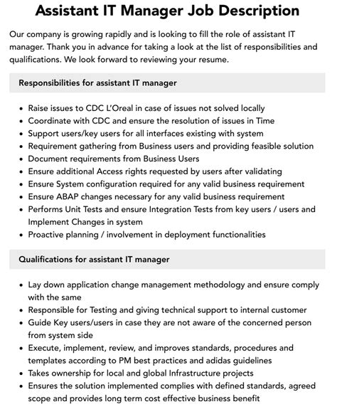 Assistant IT Manager Job Description | Velvet Jobs