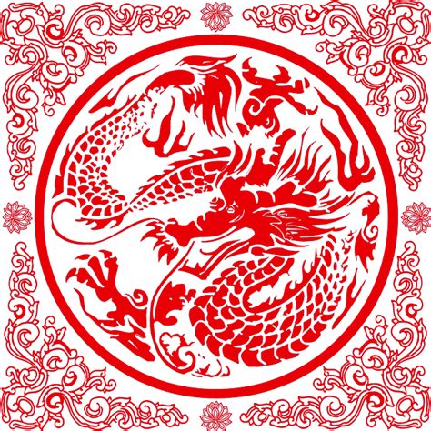 古典中国风红色龙纹龙龙金色龙凤凰剪纸 PNG免抠图案PS素材 (44)