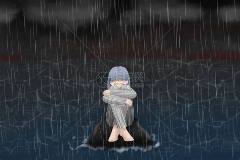 暴雨中孤岛上无助的女孩插画图片下载-正版图片401801545-摄图网