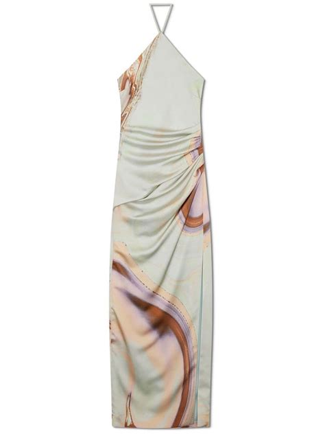 Simkhai Hansel Ruched Printed Satin Halterneck Gown In Grün | ModeSens