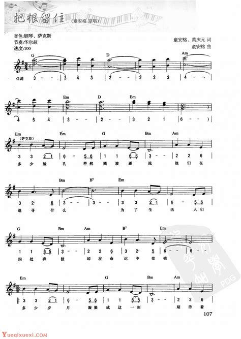 电子琴弹唱乐曲谱【把根留住】简谱与五线谱对照 附和弦标记-电子琴谱 - 乐器学习网