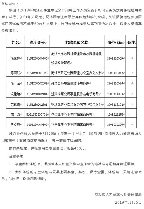 2019年商洛市事业单位招聘体检递补人员通知_丹凤县人民政府