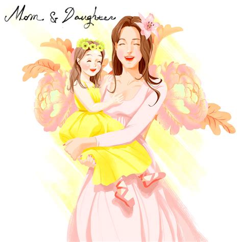 开心的妈妈与女儿插画PSD素材 - 爱图网