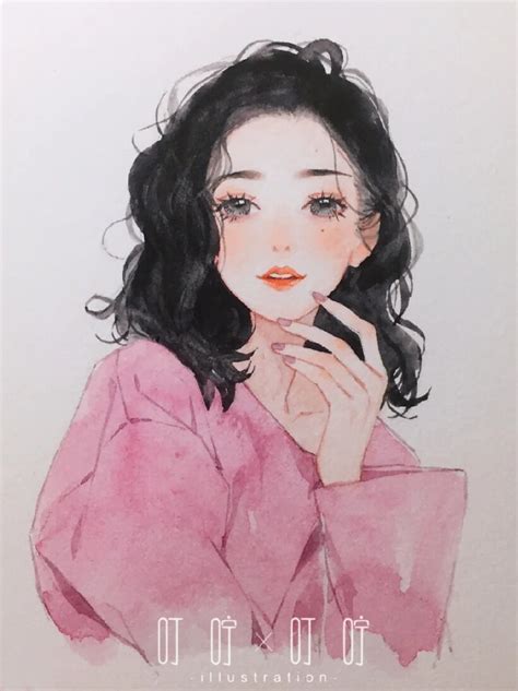 手绘甜美女生头像水彩
