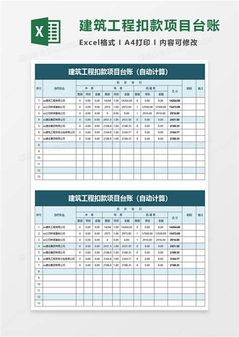 建筑工程扣款项目台账Excel模板下载_熊猫办公