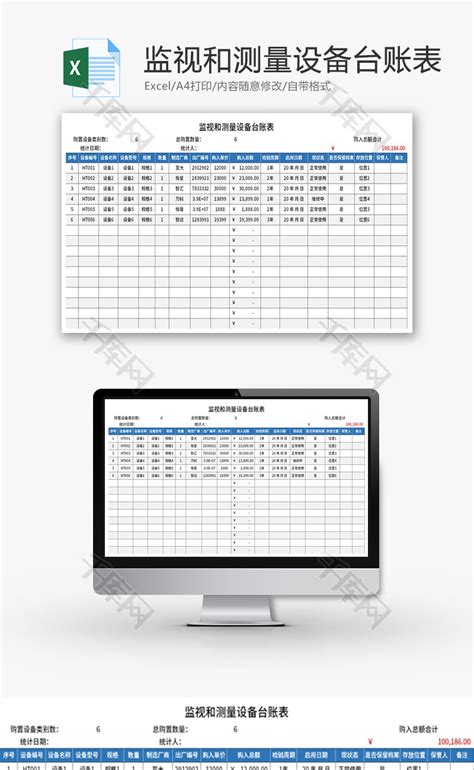 监视和测量设备台账表Excel模板_千库网(excelID：161809)