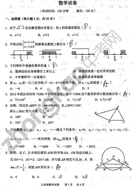 2013年武汉二中九年级3月份月考数学试题_武汉中考网