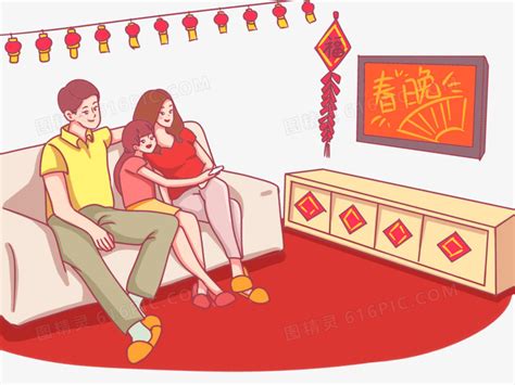 一家人看春节联欢晚会插画原画3000*2067图片素材免费下载-编号240304-潮点视频