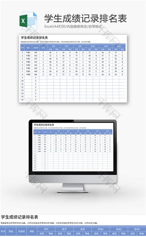 学生成绩记录排名表Excel模板_千库网(excelID：182615)