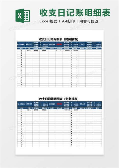 收支日记账明细表（财务报表）Excel模板下载_熊猫办公