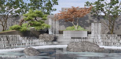 新中式跌水景墙 松树水景 石头 庭院水景小品 叠水景观SU模型 水景景观墙SU模型