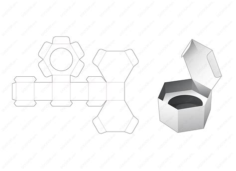 1件式带六角纸箱包装盒平面图立体展开图矢量素材
