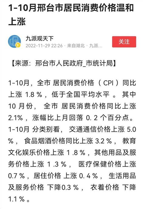 邢台123：1-10月邢台市居民消费价格温和上涨