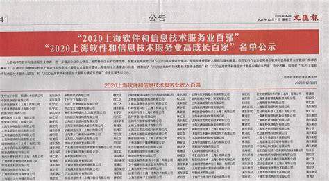 公司喜获“2020上海软件和信息技术服务业百强”、“2020上海市软件企业核心竞争力评价（规模型）”两项荣誉-企业官网