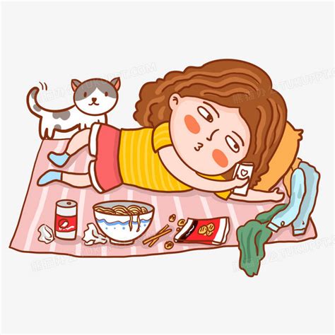 手绘卡通女孩躺在床上吃零食插画元素PNG图片素材下载_卡通PNG_熊猫办公