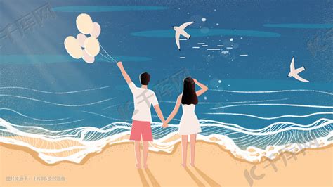 夏日情人节海边沙滩上的情侣插画图片-千库网