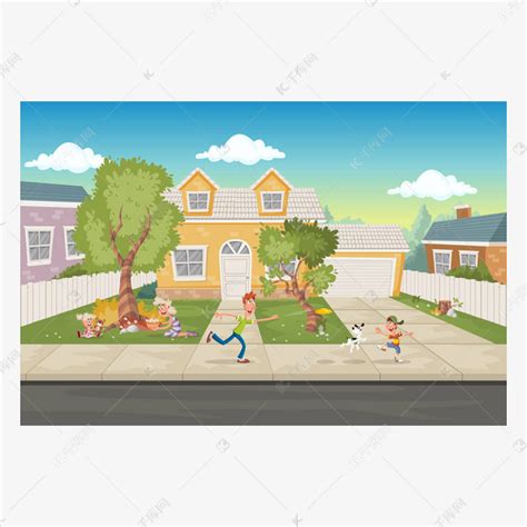 卡通家庭在房子前面。郊区邻里素材图片免费下载-千库网