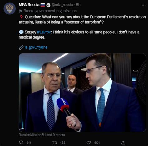 拉夫罗夫回应欧洲议会认定俄为“支恐国家”：我没有医学学位