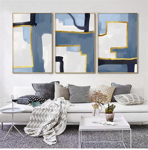 北欧风格蓝色抽象装饰画色彩构成画客厅三联画现代简约大气艺术画-美间设计