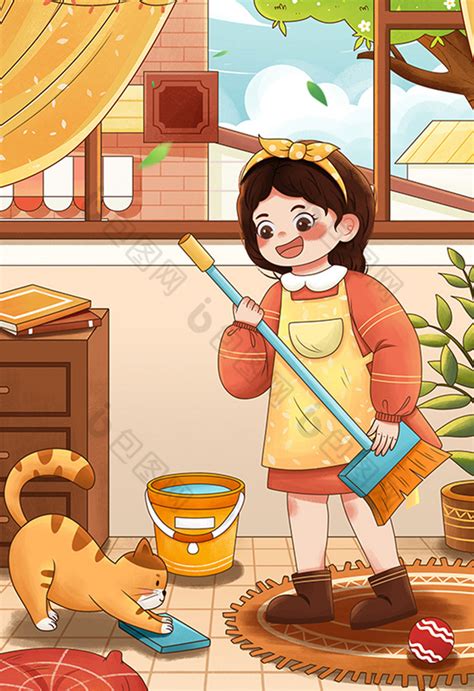 五一劳动节打扫卫生女孩与猫插画图片-包图网