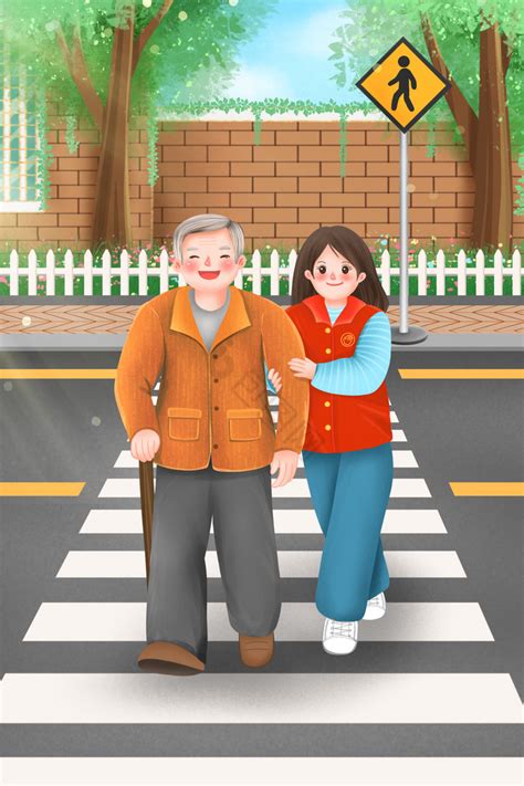 志愿者助人为乐扶老人过马路插画图片-包图网