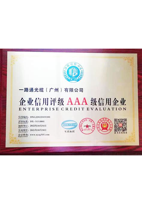 AAA企业信用评级证书-一路通光缆（广州）有限公司
