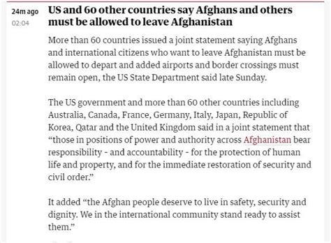 60多国发表联合声明 呼吁保障希望离开阿富汗的外国人和阿富汗人安全离境_凤凰网