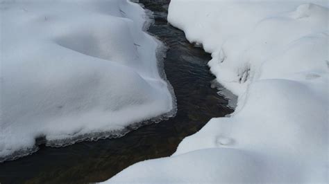 冬天的风景。近距离观察从山间流淌的河水融化着深深的白雪。背景。视频素材_ID:VCG42N1302780449-VCG.COM