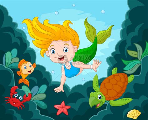 小美人鱼与海洋动物在水下游泳插画图片下载-正版图片303763449-摄图网