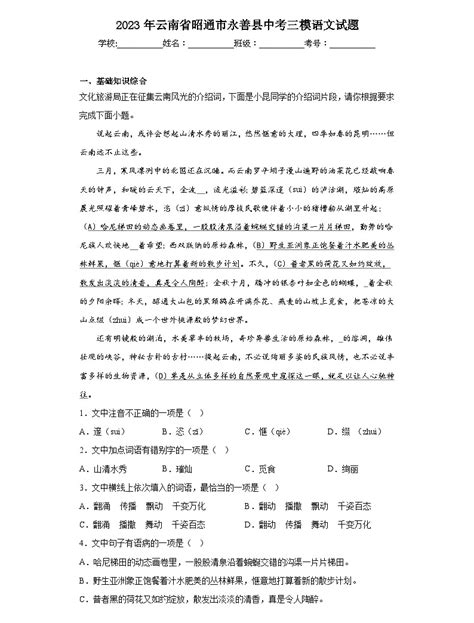 2023年云南省昭通市永善县中考三模语文试题（含答案）-教习网|试卷下载