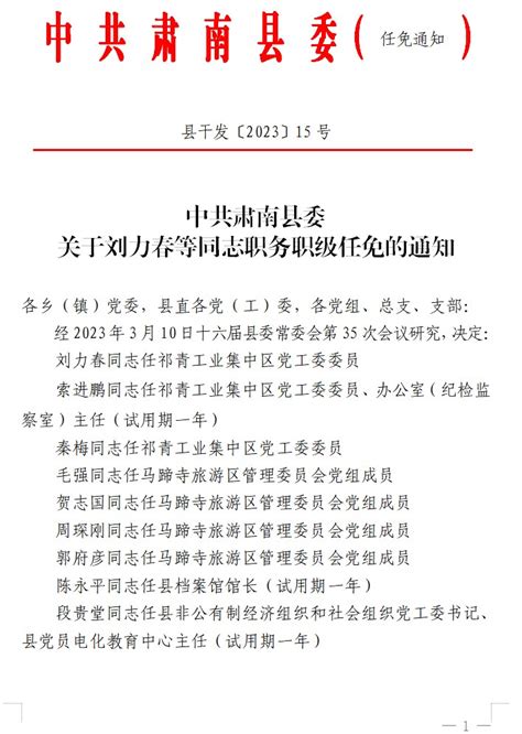 中国·肃南-关于刘力春等同志职务职级任免的通知