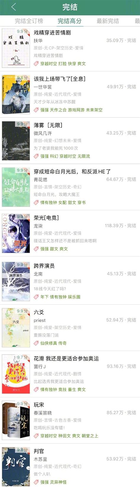 晋江小说完结高分榜TOP100，书荒码住了！